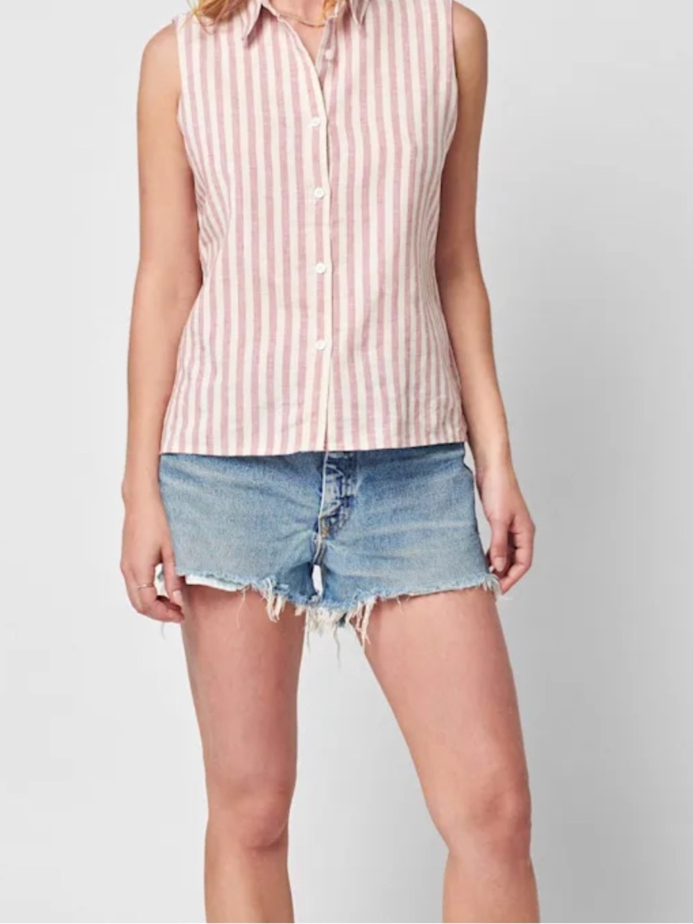 Faherty Malibu Pink and White Striped Sleeveless Button-Down Shirt